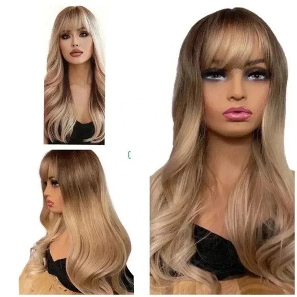 Balayage Blonde and Brown Wavy hair long wig with bangs - Picture 1 of 9